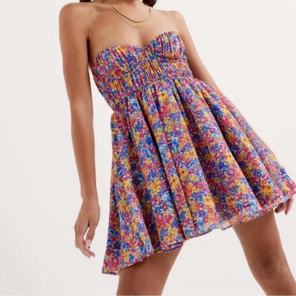 For Love and Lemons floral strapless mini dress